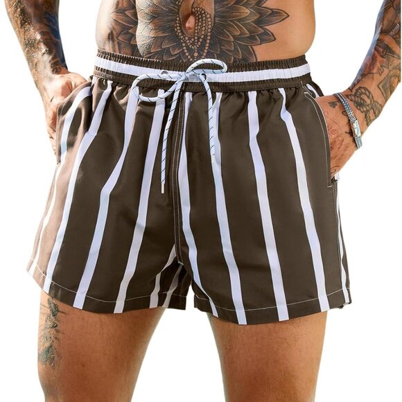 Men's Striped Swim Trunks Drawstring High Waisted Beach Shorts with Pocket